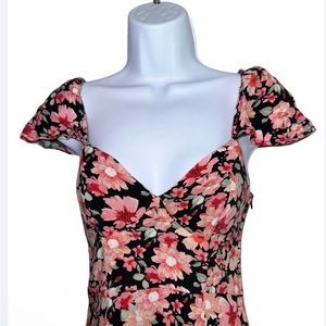 Rewind Floral Asymmetrical Maxi Dress Women’s Sz S Queen Ann Neckline Cap Sleeve